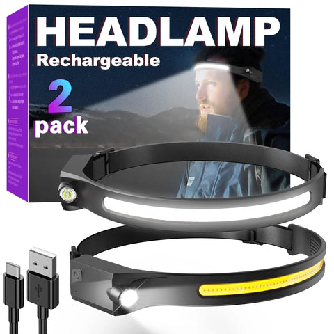 Two Pack Rechargeable Headlamp Set With LED Headlamps For Adults, 230 Degree Wide Beam, USB Charging, box and cables shown