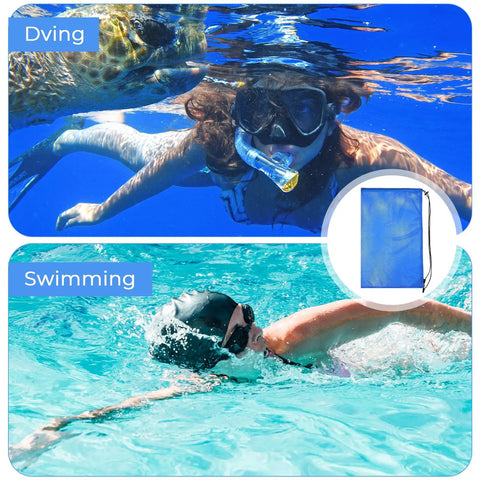 Two Pack Oversized Mesh Swim Bags With Drawstring Net For Snorkel Gear 19 By 27 Inches Beach And Sports Equipment Organizer with image of divers and swimmers