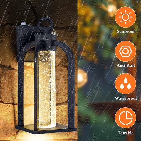 LED Dusk To Dawn Outdoor Wall Light with 14 Inch Black Lantern Style Crystal Bubble Glass Photocell Sensor, IP65 Waterproof