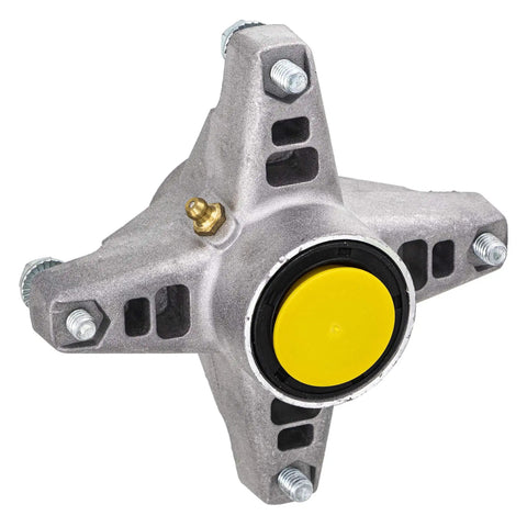 Top view of Beefy Heavy Duty Deck Spindle Replacement for Cub Cadet and MTD Decks 3 Pack, metal construction with yellow center