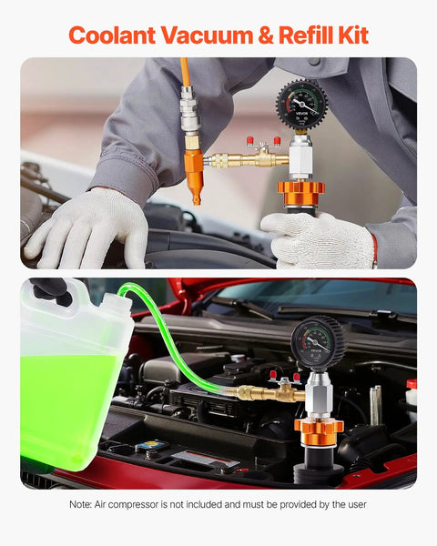 Universal Radiator Vacuum Refill Kit With Precision Gauge And Steel Tool Chest, showing vacuum tool setup for coolant refill.