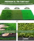 Backyard Golf Practice Net 10x7 Ft With Practice Mat showing tri-turf mat dimensions, rubber base, and thickness detail.