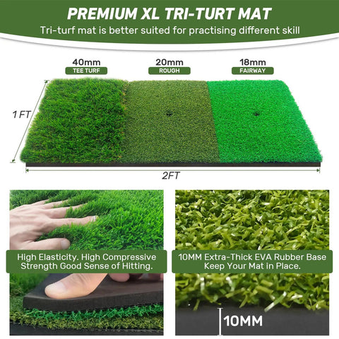 Backyard Golf Practice Net 10x7 Ft With Practice Mat showing tri-turf mat dimensions, rubber base, and thickness detail.