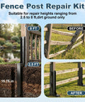 4 Pack Heavy Duty Fence Post Repair Stakes Tough Steel Anchors To Straighten Broken Or Leaning Wood Fences Fast No Dig Setup, showing repair heights from 2.5 to 8 ft.
