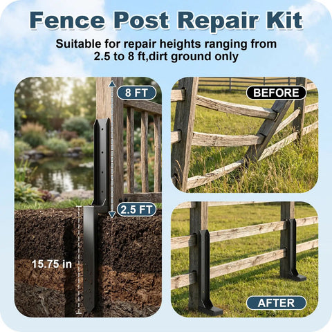 4 Pack Heavy Duty Fence Post Repair Stakes Tough Steel Anchors To Straighten Broken Or Leaning Wood Fences Fast No Dig Setup, showing repair heights from 2.5 to 8 ft.