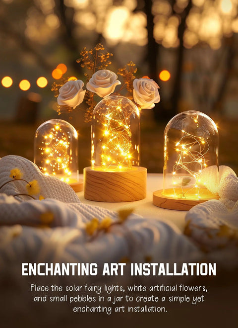 Enchanting art installation with Solar Fairy Lights Outdoor 33 Ft 100 LED Warm White String Lights in jars, cozy vibe setting.