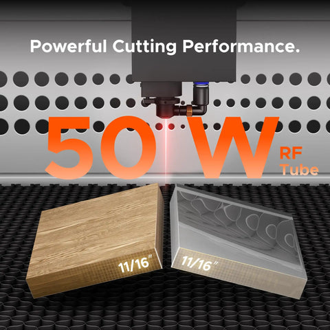 Top Tier 50W CO2 RF Laser Engraver And Cutter For Desktop Use With Lightburn Support engraving wood and acrylic blocks.