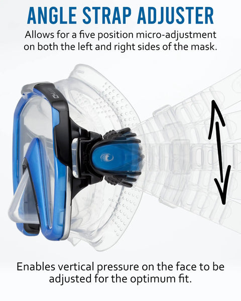 Close-up of angle strap adjuster on Freedom HD Scuba Mask With Ultra Wide 180-Degree View, showing micro-adjustment feature.