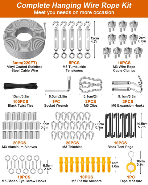 Beast Heavy Duty 220 Feet One Eighth Inch Vinyl Coated Stainless Steel Wire Rope Kit with tools and accessories layout