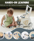 Dad Approved Solid Wood Toddler Walker Tool Table With Interactive Building Blocks Realistic Hammer Wrench Gear Station For Growing Hands And Brainy Play Light Gray in use with child playing.