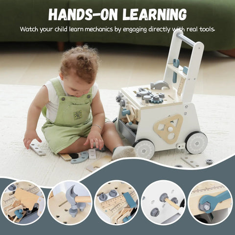 Dad Approved Solid Wood Toddler Walker Tool Table With Interactive Building Blocks Realistic Hammer Wrench Gear Station For Growing Hands And Brainy Play Light Gray in use with child playing.