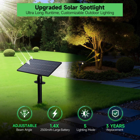 Outdoor Solar Spotlight 4 Pack With Adjustable Beams From 10 To 60 Degrees Waterproof Landscape Uplights displayed in garden