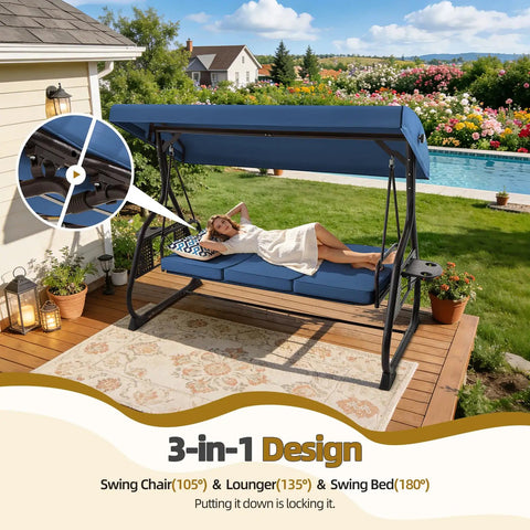 Woman relaxing on a blue Three Seat Outdoor Porch Swing With Adjustable Canopy and Backrest next to a garden pool.