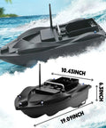 RC Fishing Bait Boat With GPS Positioning Long Range Remote Control, dimensions labeled, on water