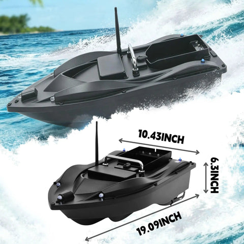 RC Fishing Bait Boat With GPS Positioning Long Range Remote Control, dimensions labeled, on water