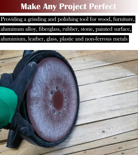 Hand holding 9-inch 8-hole sanding disc on drywall sander, showcasing 50 Pcs 9 Inch 8 Hole 120 Grit Drywall Sanding Discs With Hook And Loop Backing High Performance Aluminum Oxide Sandpaper For Drywall Sander And Wood Fast Cutting And Easy Grit Change.