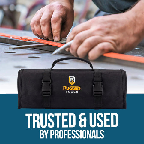 32 Pocket Tool Roll Organizer with 22 pockets and 10 socket holders, front view, professional use highlighted, on workbench.