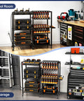 Power Tool Organizer Cart With Charging Power Strip, 28 Drill Storage Racks On Wheels in a garage setup
