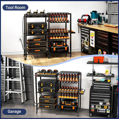 Power Tool Organizer Cart With Charging Power Strip, 28 Drill Storage Racks On Wheels in a garage setup