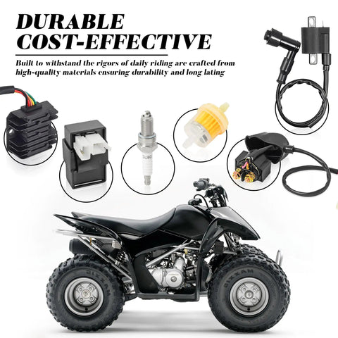 Beefed Up High Performance Ignition Coil Kit With 6 Pin AC CDI Box Regulator Rectifier Solenoid Relay D8TC Spark Plug And Fuel Filter For CG150cc 200cc 250cc Chinese ATVs Quad Go Karts shown with components and ATV