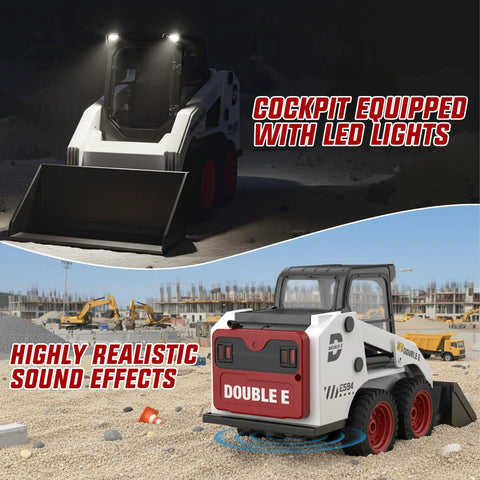 1:14 Scale RC Skid Steer Loader Toy for Kids With 2.4GHz Remote displaying LED lights and realistic construction site sounds
