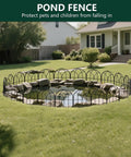 No Dig Garden Fence Barrier Set, 19 Piece Arch Metal Fence Panels In Black surrounding a pond in a yard
