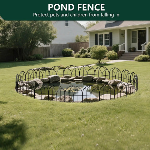No Dig Garden Fence Barrier Set, 19 Piece Arch Metal Fence Panels In Black surrounding a pond in a yard