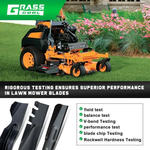 Beefed-Up High Lift 61 Inch Mower Blades Replacement For Ferris Scag Turf Tiger Bad Boy Simplicity 5101755 shown on a lawn mower.