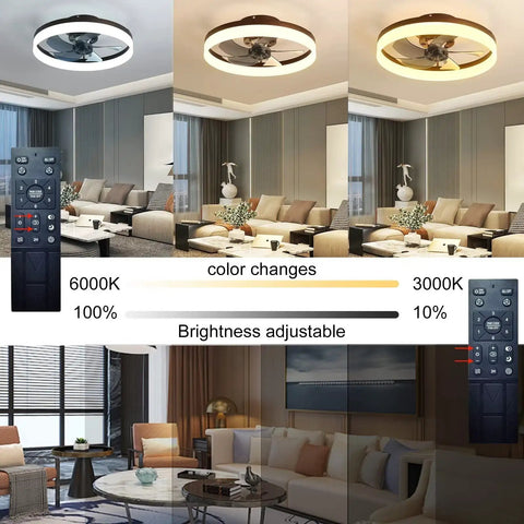 20 Inch Flush Mount Ceiling Fan With Remote And App Control Black Slick Low Profile Modern Ceiling Fan With 6 Speeds And Dimmable LED Lights Quiet Energy Efficient For Bedroom And Living Room showing color and brightness settings.