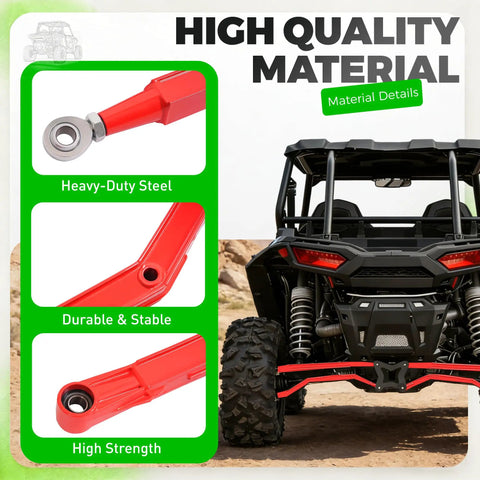 Red Rear Radius Arms For Polaris RZR XP 1000 And XP 4 1000 Beefy Heavy Duty Steel With Adjustable Heim Joints, High Clearance, Boxed Design For Maximum Tire Grip, Precise Suspension Geometry And Smoother Off Road Handling on RZR rear view