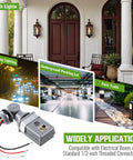 Two Pack Photocell Sensor For Outdoor Lights 120 Volt Alternating Current 50 60 Hertz IP54 Waterproof Swivel Mount Dusk To Dawn Photoelectric Switch For Backyard Lighting UL Certified Weatherproof Exterior Sensor Hardwired showing application in porch lights, driveway lighting, underground parking lot, and park trails.