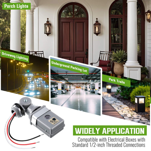 Two Pack Photocell Sensor For Outdoor Lights 120 Volt Alternating Current 50 60 Hertz IP54 Waterproof Swivel Mount Dusk To Dawn Photoelectric Switch For Backyard Lighting UL Certified Weatherproof Exterior Sensor Hardwired showing application in porch lights, driveway lighting, underground parking lot, and park trails.
