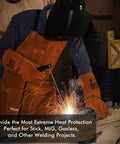 Heavy Duty Heat Resistant Leather Welding Gloves With Fireproof Stitching for welders using equipment in a workshop setting.