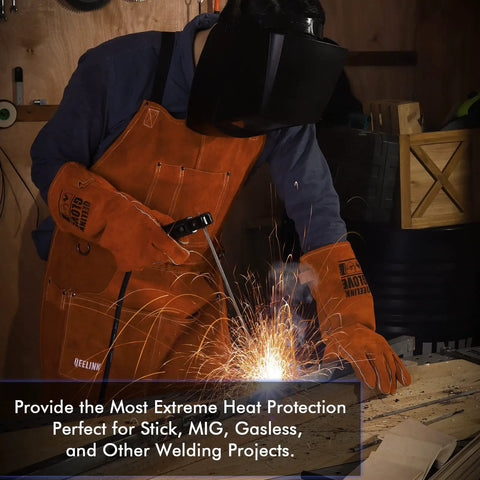 Heavy Duty Heat Resistant Leather Welding Gloves With Fireproof Stitching for welders using equipment in a workshop setting.