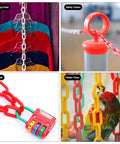 Collage of four uses of plastic chains: hanging clothes, safety barriers, DIY lock craft, and parrot with colorful chains.