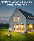 4K UHD PoE Security Camera System With NVR Kit For Home Or Business installed on modern house, showing 93° wide viewing angle.