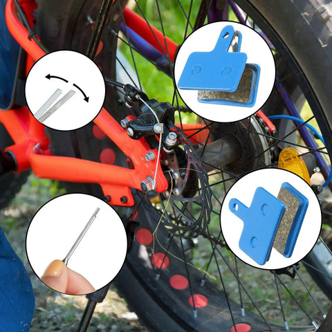 Four Pairs Multi Metal Bike Brake Pads For TRP Tektro Shimano Deore M575 with bike installation and detailed views