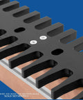 Dovetail Jig Add On Template Features Heavy Duty Extension Tabs For Hauling Massive Jobs With Ease And Works Wonders On Extra Large Pieces Securely Locks Into Your Peachtree Dovetail Jig Mast Setup Today, close-up view of black aluminum template with mounting screws.