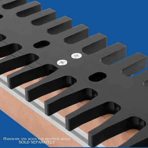 Dovetail Jig Add On Template Features Heavy Duty Extension Tabs For Hauling Massive Jobs With Ease And Works Wonders On Extra Large Pieces Securely Locks Into Your Peachtree Dovetail Jig Mast Setup Today, close-up view of black aluminum template with mounting screws.