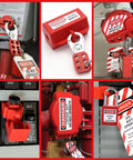 10 Pack Universal Circuit Breaker Lockout Devices For Single Pole Breakers Clamp Style Lockout Tagout Kit in use