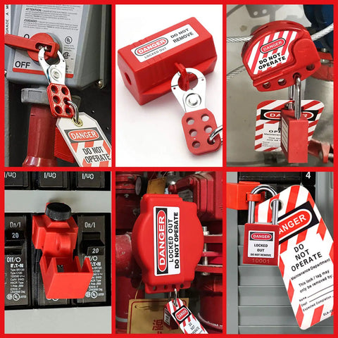 10 Pack Universal Circuit Breaker Lockout Devices For Single Pole Breakers Clamp Style Lockout Tagout Kit in use