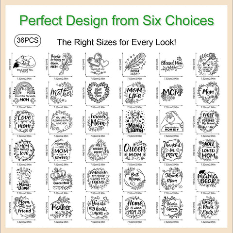 36 Sheet Iron On Transfer Decals Set for DIY Tees and Hoodies DTF Heat Activated Film with Mom Life design options shown