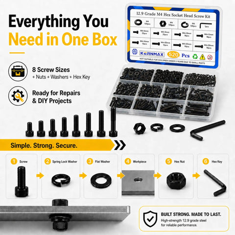 Go To M4 Screws Kit With Eight Lengths 6 8 10 12 16 20 25 30mm Hex Socket Head Bolts Nuts And Washers 12.9 Grade Alloy Steel Black Oxide For 3D Printers And DIY Projects displayed in case