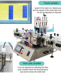 Touch screen and fiber optic amplifier on No Sweat Automatic Desktop Labeling Machine With Conveyor Belt for precise bottle tagging.