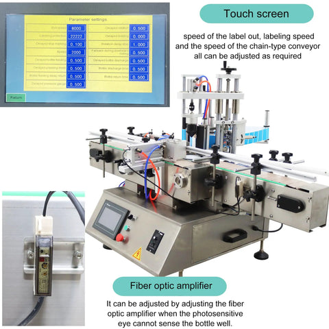 Touch screen and fiber optic amplifier on No Sweat Automatic Desktop Labeling Machine With Conveyor Belt for precise bottle tagging.