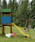 Children playing on a wooden swing set with slide, featuring a 43 By 90 Inch Swing Set Canopy Replacement, in a grassy area with trees.