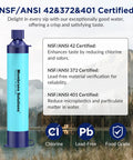 Portable Survival Water Filter Straw Kit, 4 Pack, Emergency Drinking Gear For Hiking, Camping, Travel, Fishing And Family Outings, NSF Certified Removes 99.9999 Percent Coliforms And E Coli, Blue displayed with certifications text.