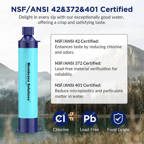 Portable Survival Water Filter Straw Kit, 4 Pack, Emergency Drinking Gear For Hiking, Camping, Travel, Fishing And Family Outings, NSF Certified Removes 99.9999 Percent Coliforms And E Coli, Blue displayed with certifications text.