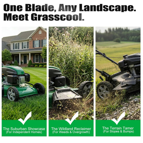 Lawn mower cutting grass in three different landscapes: suburban yard, overgrown field, and uneven terrain. "One Blade, Any Landscape. Meet Grasscool." text.