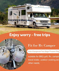 RV with dual propane tanks, showcasing Stainless Steel Braided 18 Inch RV Propane Hose With Gauge Pack Of Two For Standard Two Stage Regulator Fittings One Quarter Inch NPT To QCC1 Quick Connect CSA Certified For Camper, Grill And Outdoor Use, against a mountain backdrop.
